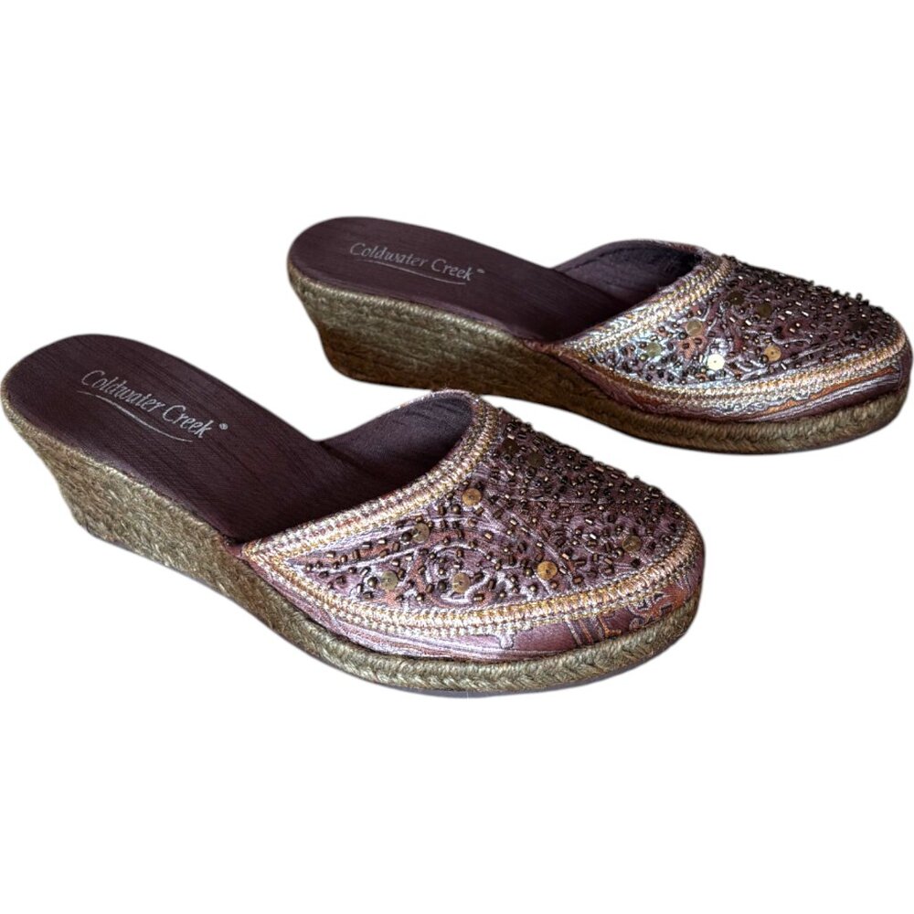 Coldwater Creek brown beaded espadrille wedge mule clogs sz 9